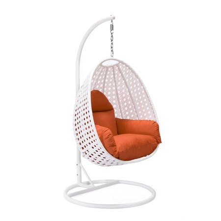 LEISUREMOD White Wicker Hanging Egg Swing Chair with Orange Cushions ESCW-40OR